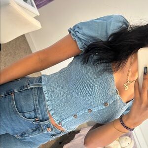 Blue Smocked Button-Up Top